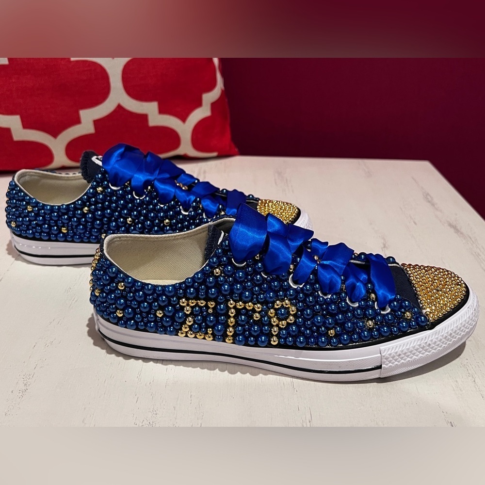 Custom Sigma Gamma Rho Blue and Gold Pearl Converse Sneakers - Picture 6 of 10